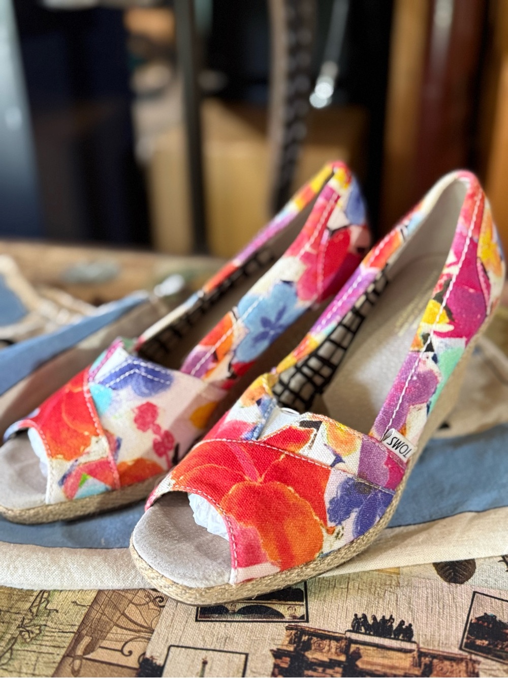 TOMS Floral Canvas Peep-Toe Wedges